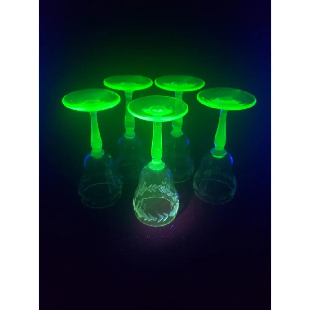 Vintage Uranium Glass Cordials Etched Foliate Design Stemware Set Of 5 Bryce?